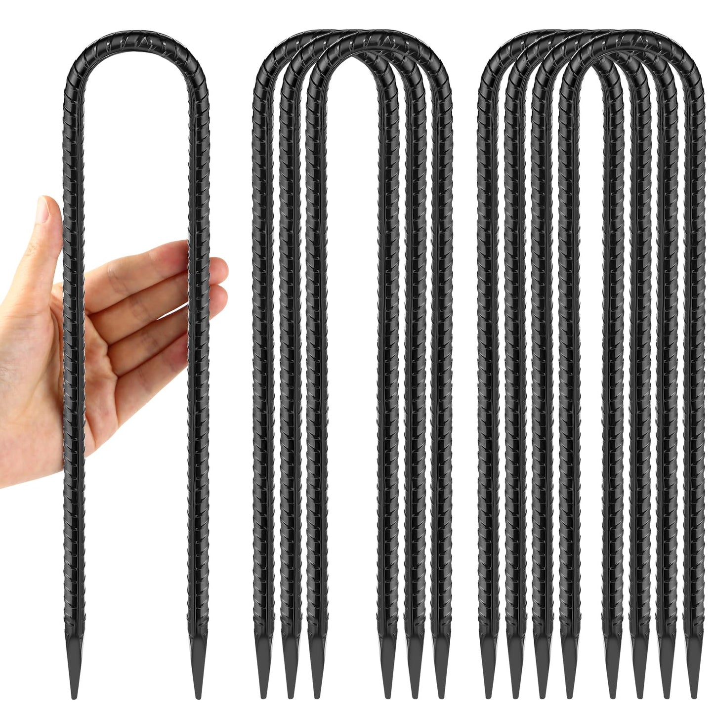 12 Inches Trampoline Wind Stakes, Heavy Duty U Stakes for Ground, 8-Pack Trampoline Tie Down Anchor Kit for Swing Set and Soccer Goal Galvanized Steel Anchors Black