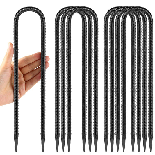 12 Inches Trampoline Wind Stakes, Heavy Duty U Stakes for Ground, 8-Pack Trampoline Tie Down Anchor Kit for Swing Set and Soccer Goal Galvanized Steel Anchors Black