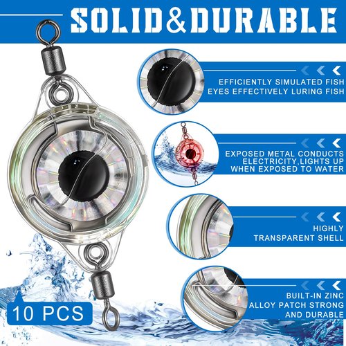 Glooglitter 10 Pcs LED Underwater Fishing Light Deep Drop Light Ice Fishing Fish Eye Lure Lighted Bait, Deep Sea LED Lures Kit, Underwater Flasher Lures