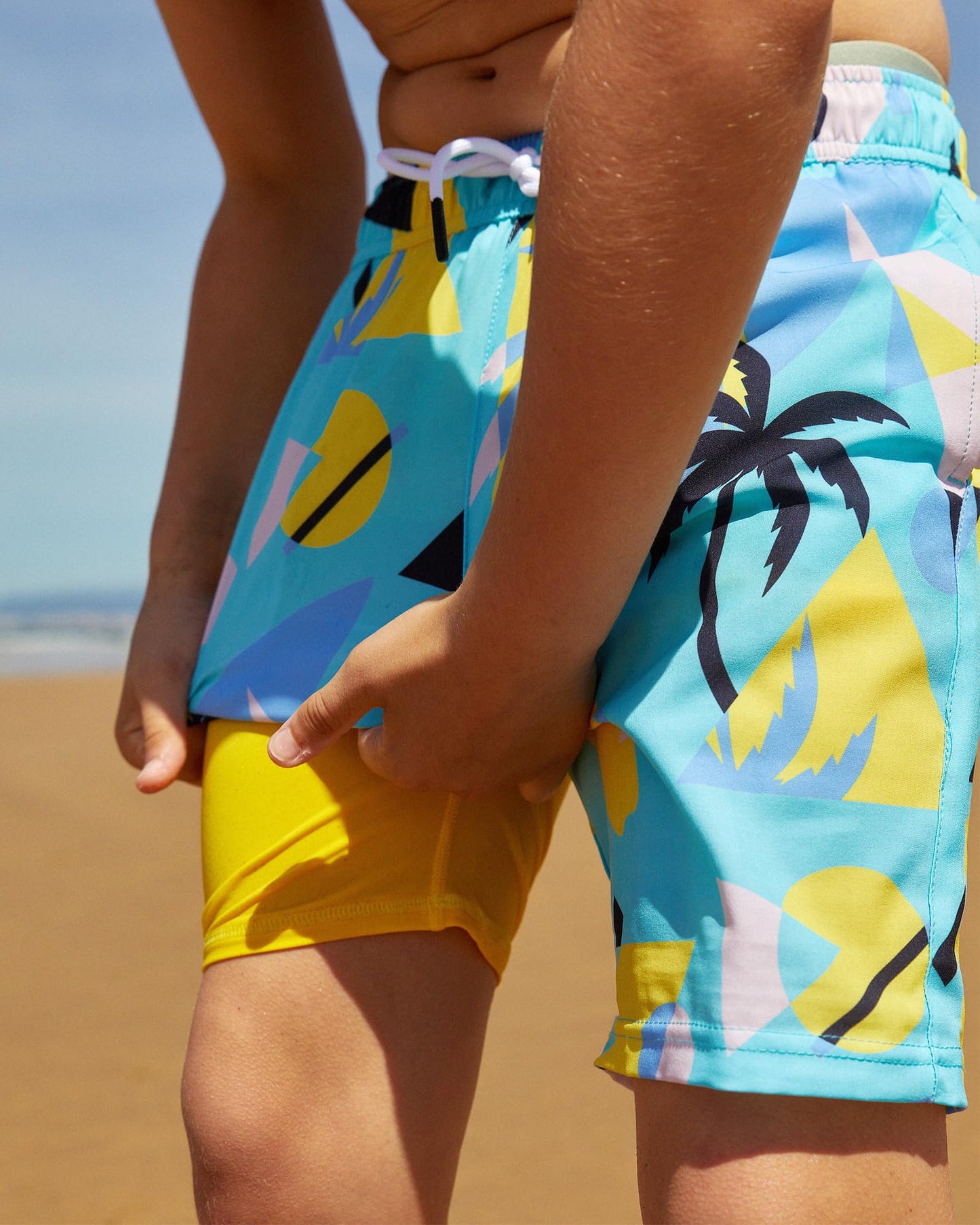 maamgic Boys Swim Trunks with Compression Liner Toddler Stretch Swim Shorts Quick Dry Swimming Trunks Boxer Brief 2 in 1 Beach Shorts Egg Yolk Coconut 14/16