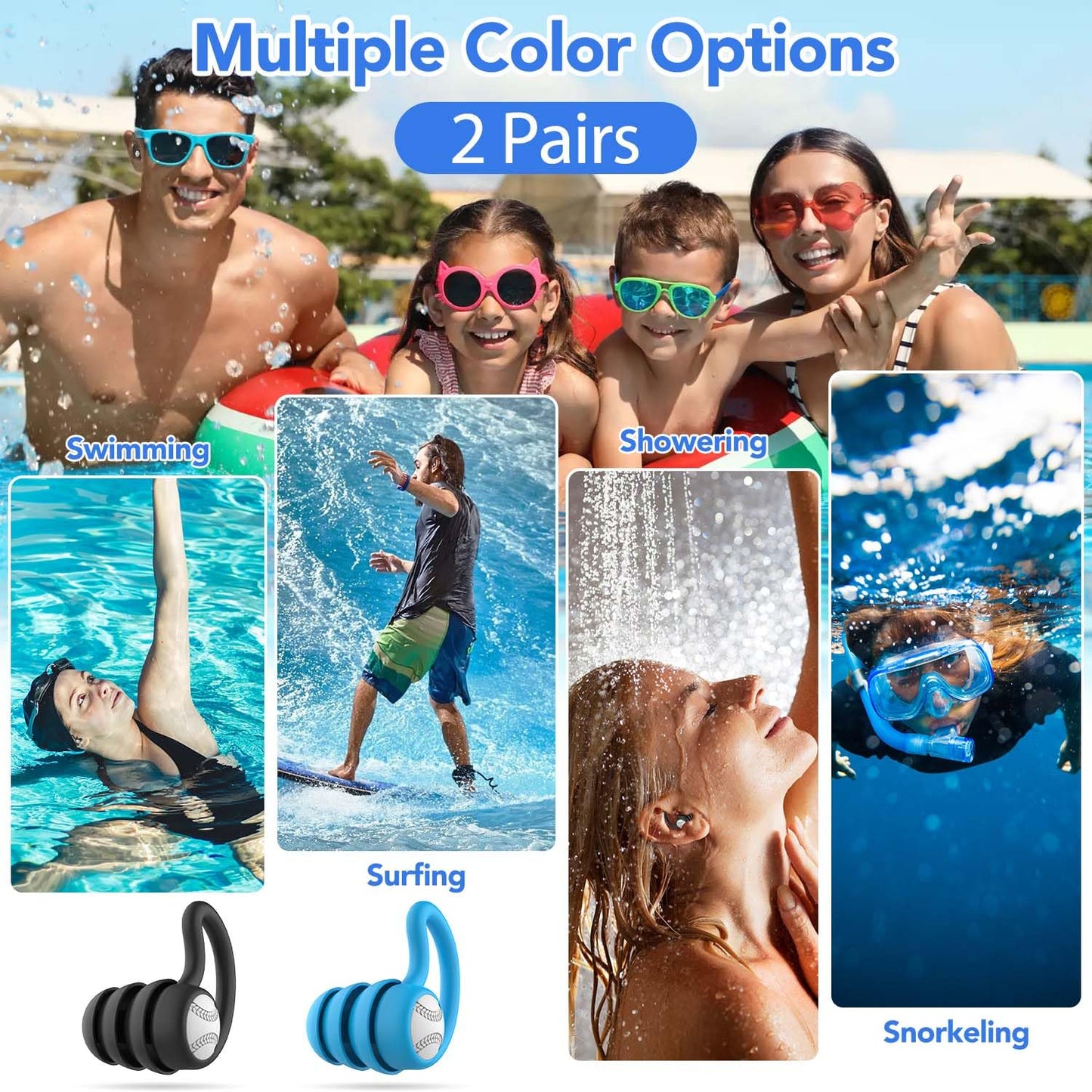 Swimming Ear Plugs Waterproof Earplugs - 3 Pairs Silicone Swim Ear Plugs for Adult Kids, Water Sports Earplugs for Showering, Bathing, Surfing - Keep Ear Water Out (Blue, Black)