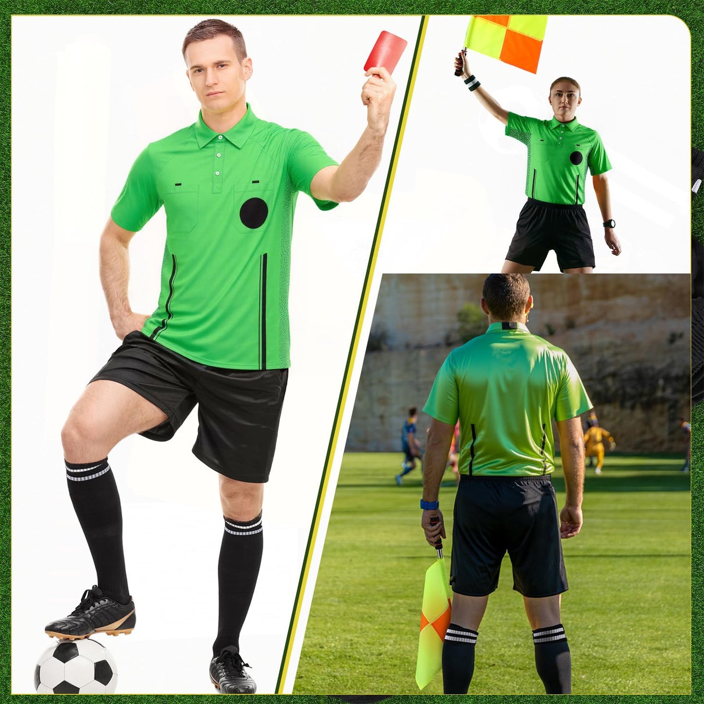 ZhouBoat Soccer Referee Kit, 6 Pcs Soccer Referee Shirt Jersey Umpire Uniform Football Linesman Flags Whistle Soccer Socks Referee Notebook Soccer Referee Costume for Adult Teenager, Green Small