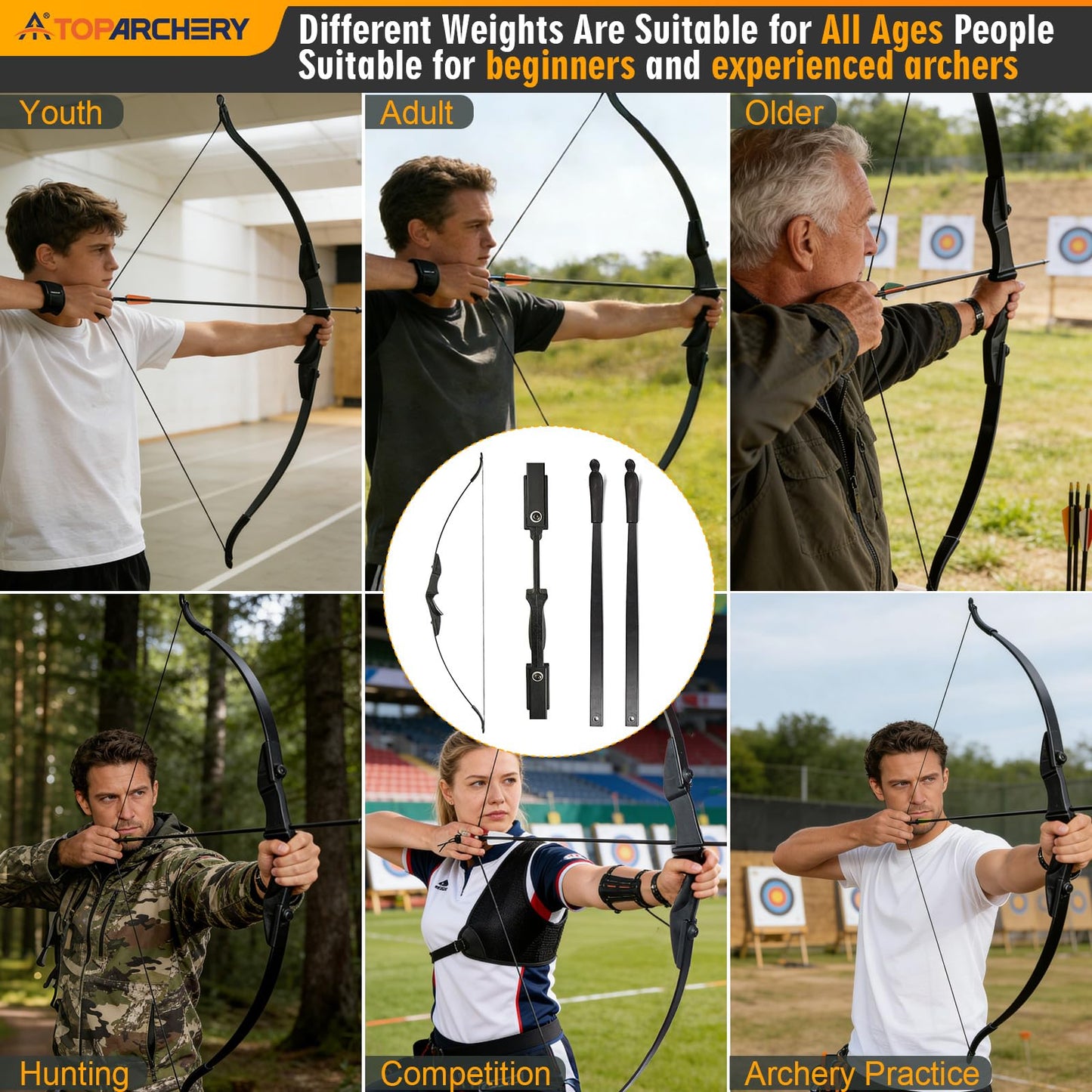 TOPARCHERY Archery 57" Takedown Youth Recurve Bow Hunting Black Long Bow for Beginner Teenagers Right Left Hand Black - Draw Weight 30lbs 40lbs (40)