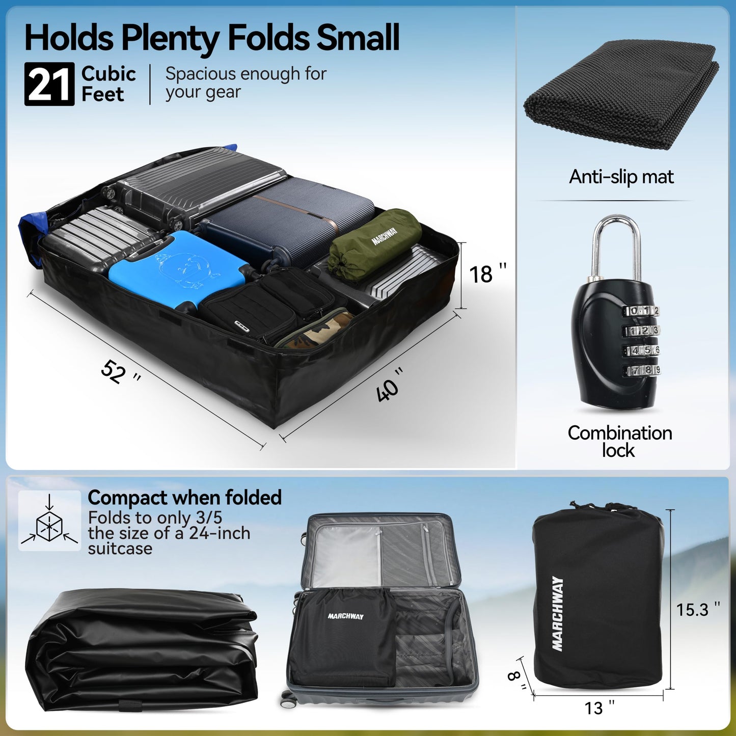 MARCHWAY Waterproof Car Roof Luggage Bag, Weatherproof Soft Shell Rooftop Cargo Carrier Bag for Vehicles with or Without Rack. 6 Door Hooks, Anti Slip Mat, Lock Included (21 Cubic Feet, Black)