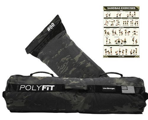 Polyfit Sandbag Pro - Workout Sandbag with Triple Closure Filler Bag and Reinforced Nylon Webbing - Black Camo - 80LB