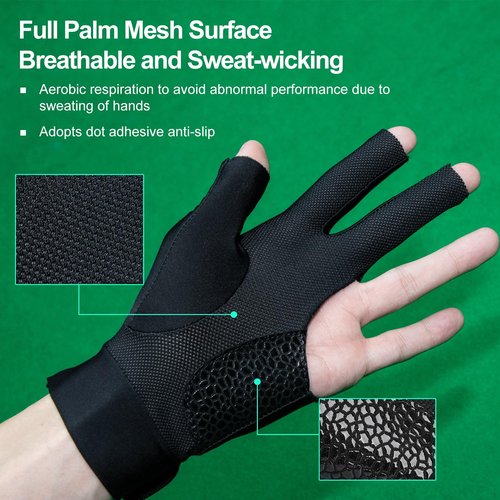 FITFIV Billiard Pool Glove for Left Hand 3 Finger, Durable Double Stitching, Snooker Cue Sport Glove Adjustable Popular Sizes for Men & Women