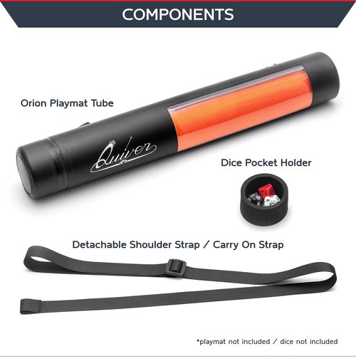 Quiver Time Black XL Orion Playmat Tube - TCG MtG Playmat Tube Case with Waterproof Zipper, Hidden Dice Pocket, Adjustable Removable Shoulder Strap, See-Through Window, Fits 14" and 15" playmats