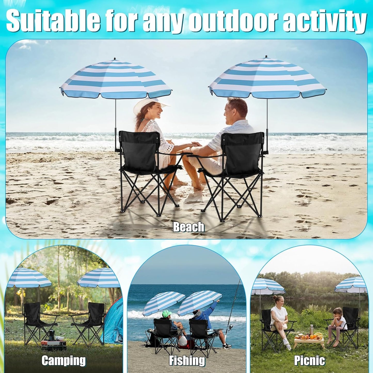 2 Sets Beach Chair with Umbrella Foldable Camping Chair Fold up Umbrella with Universal Clamp Large Portable for Outdoors Fishing Camping Hiking Travel Picnic Beach (Black,Blue,White)
