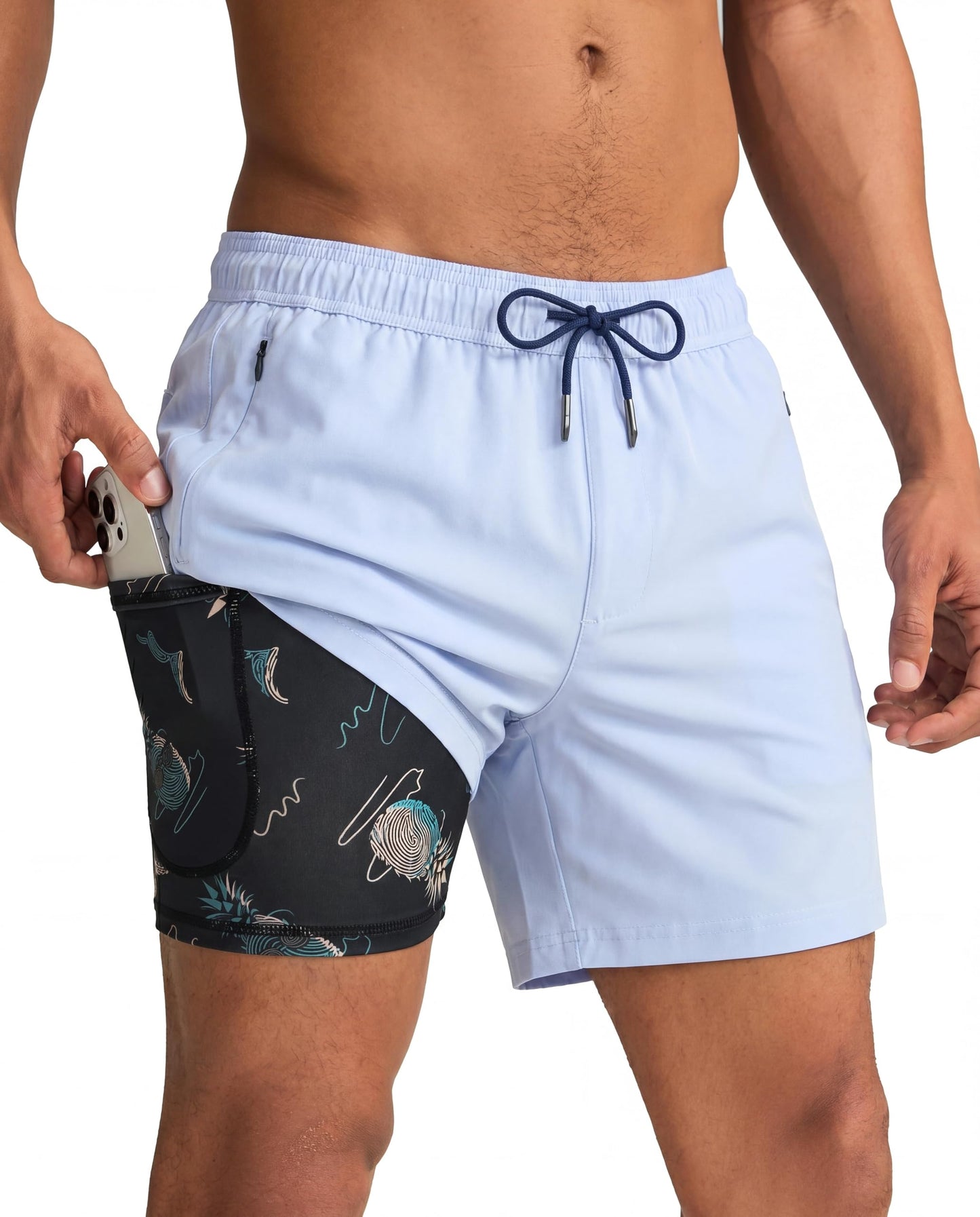 maamgic Mens Swim Trunks with Compression Liner 5 Inch, Quick Dry Bathing Suit with Zipper Pockets, Stretch No-Chafing Swim Shorts, Mist Blue X-Small