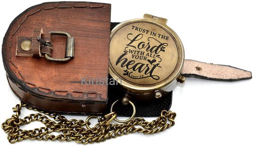 Antique Brass Compass Lord with All Your Heart | Engraved Pocket Chain Compass with Leather Case for Outdoor Hiking Traveling Use