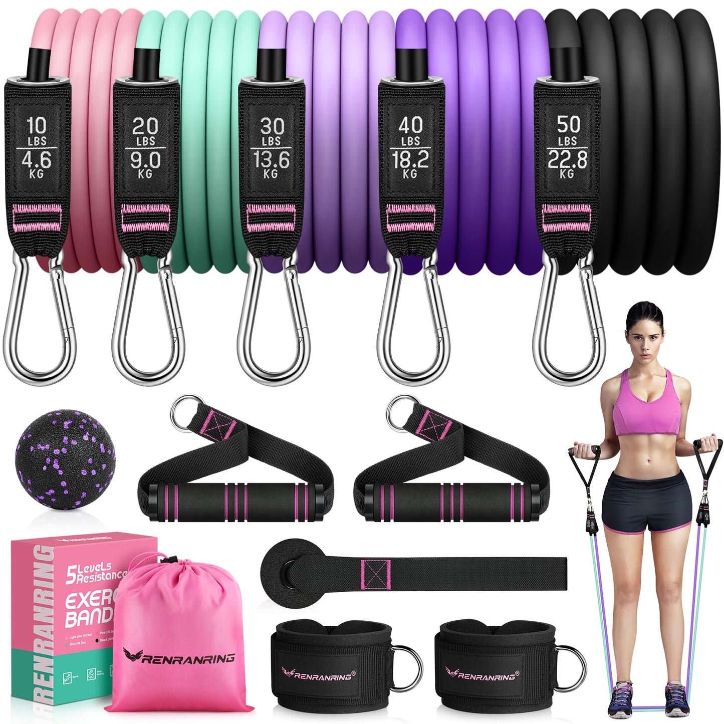RENRANRING Resistance Bands for Working Out, 150LBS Exercise Bands, Workout Bands, Resistance Bands Set with Handles for Men Women, Legs Ankle Straps