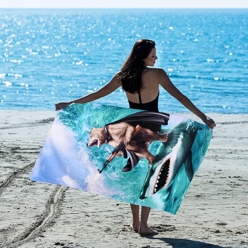 Shark Bear Beach Towel 30 x 60 in | Oversized Microfiber Quick Dry Sand Free