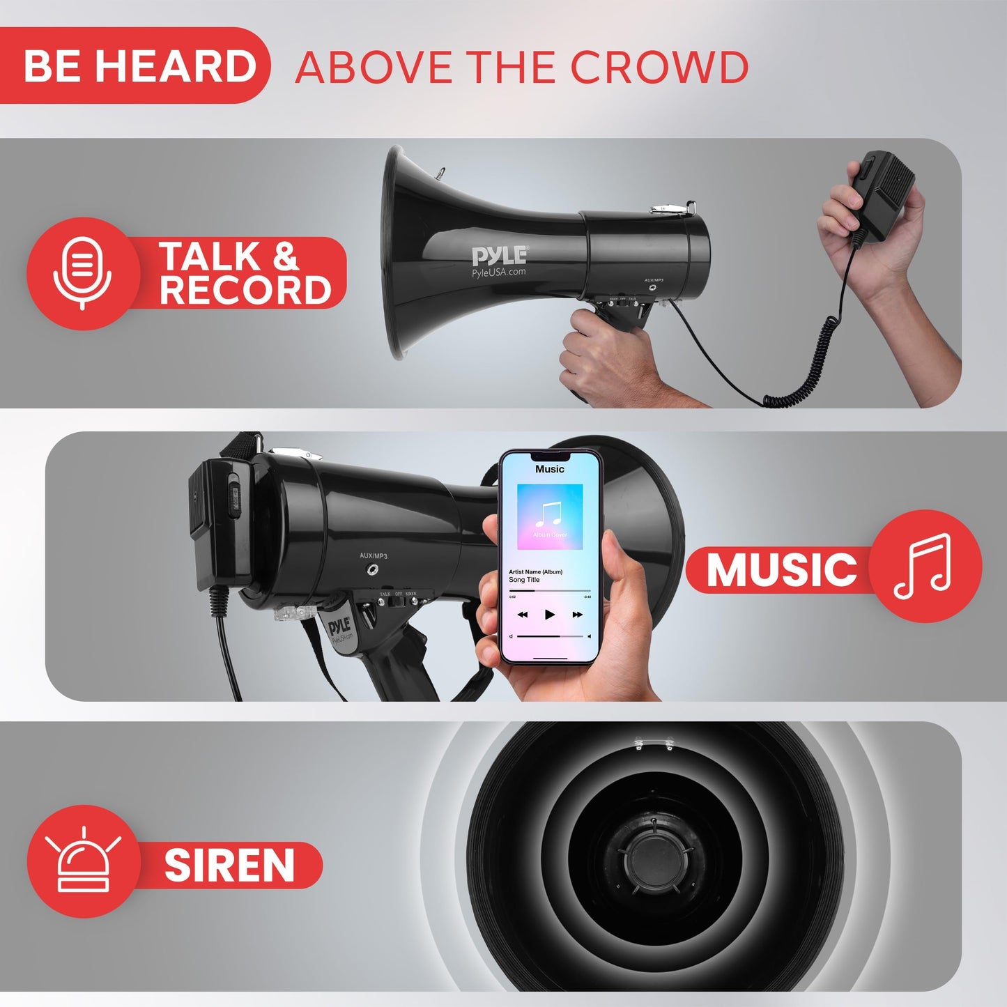 PYLE 50W Megaphone Speaker PA Bullhorn - Built-in Siren, Adjustable Volume Control, 35mm Aux Input, 1554 Meters Range, Perfect for Sports Events, Emergency Drills, and Outdoor Activities, Black