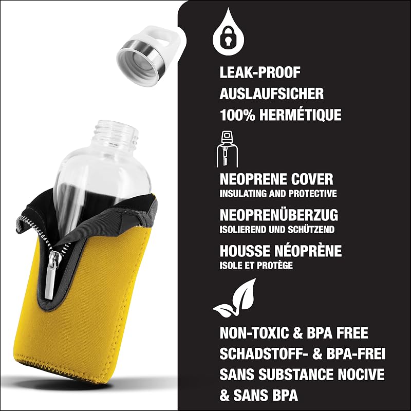 Sigg Stella Glass Water Bottle 17 oz with Neoprene Sleeve - Yellow - Leakproof & Dishwasher Safe