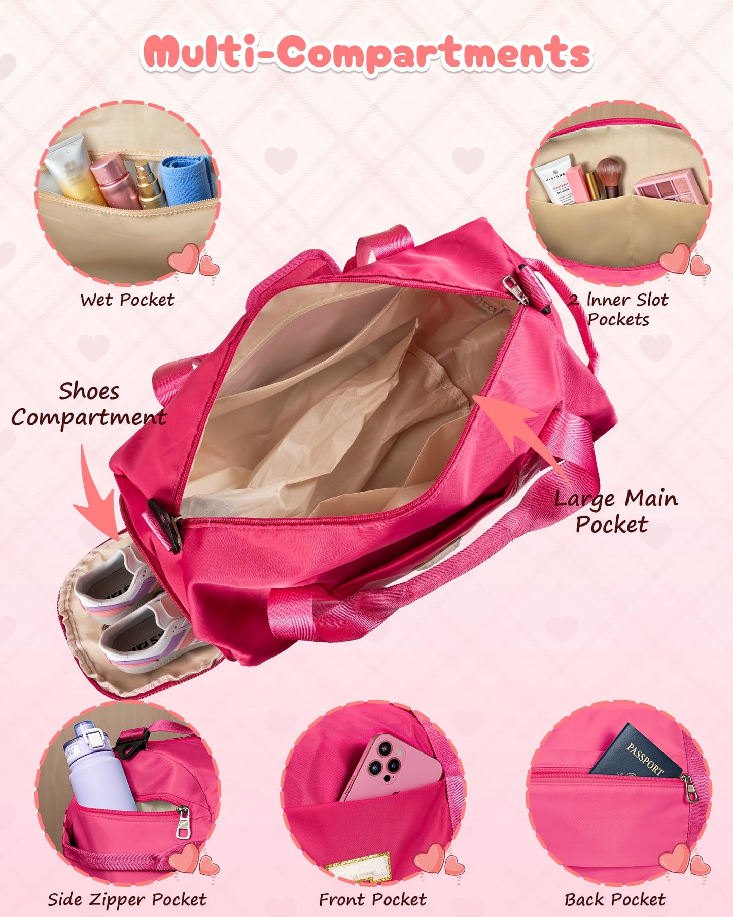 Vogewood Cheer Gifts, Girls Travel Duffle Bag with Makeup Pouch, Initial Kids Overnight Weekend Bag with Shoe Compartment, Personalized Birthday Gift for Daughter (Letter E)