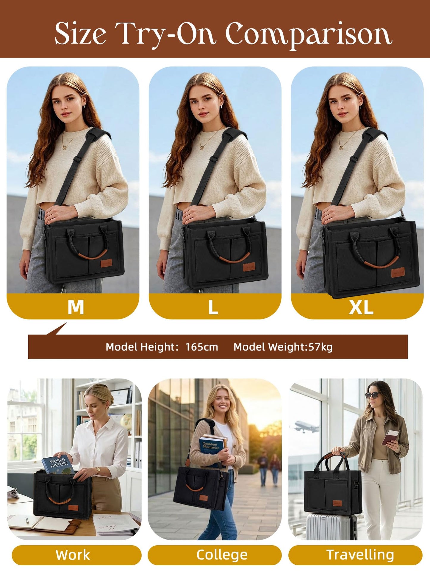 FIORETTO Canvas Tote Bag for Women with Zipper Closure & Individual Compartments for Work College, Crossbody Laptop Tote Purse Handbag with Detachable Strap & Bottom Support for Teacher & Nurse Black