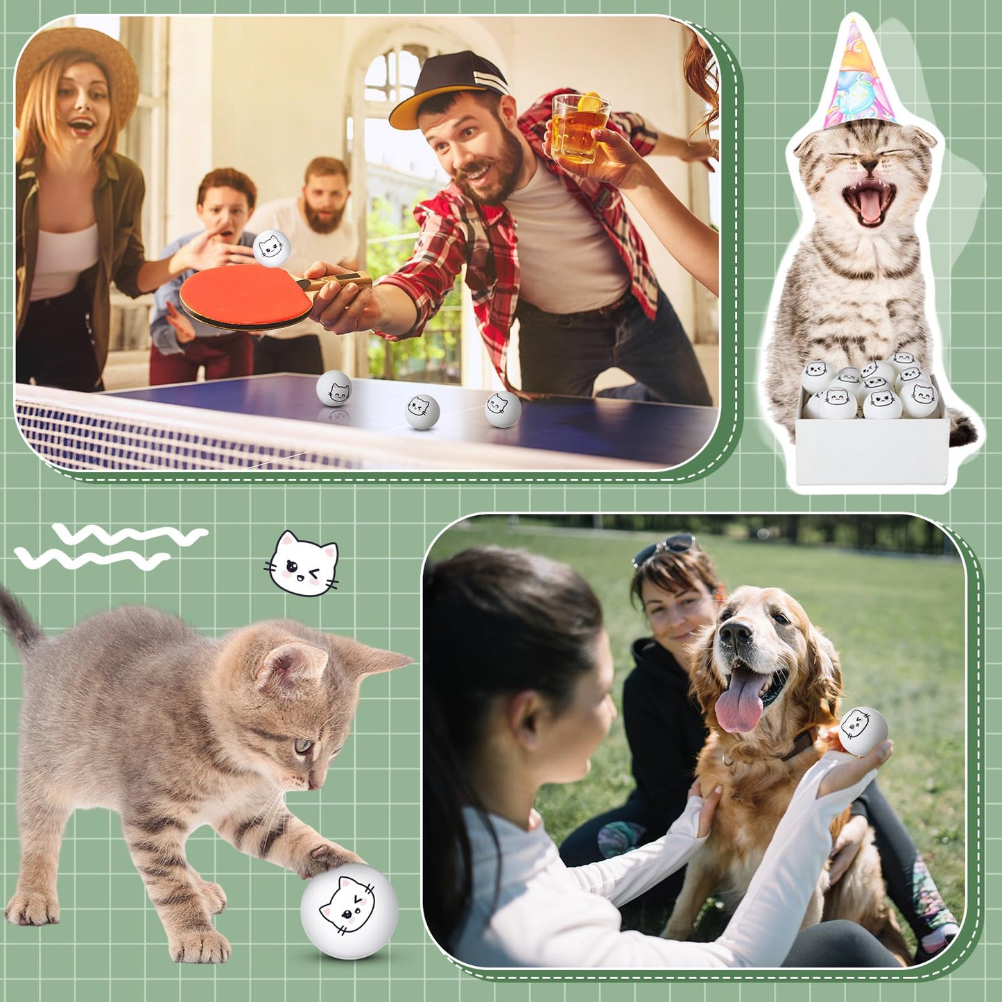 24 Pcs Cat Table Tennis Balls Novelty Face Cute Table Tennis Balls Bouncy Cats Toys for All Golfers Birthday Gift Outdoor Practice Pet Toys