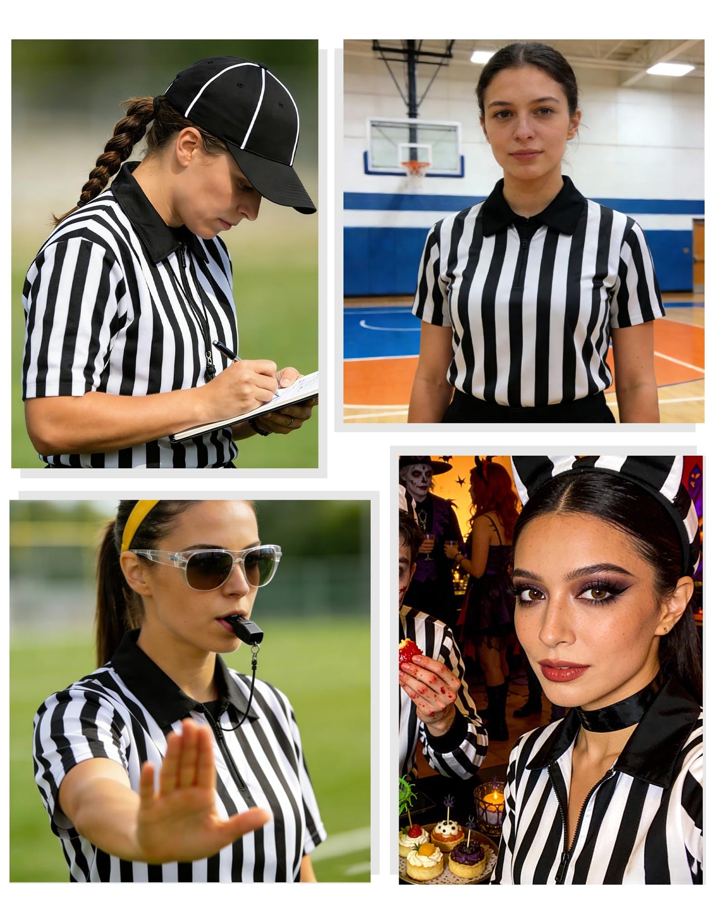 WILLBEFIT Women's Referee Shirt Official Football Basketball Zipper Ref Jersey for Halloween Costume Umpire Waitress Uniform XXL