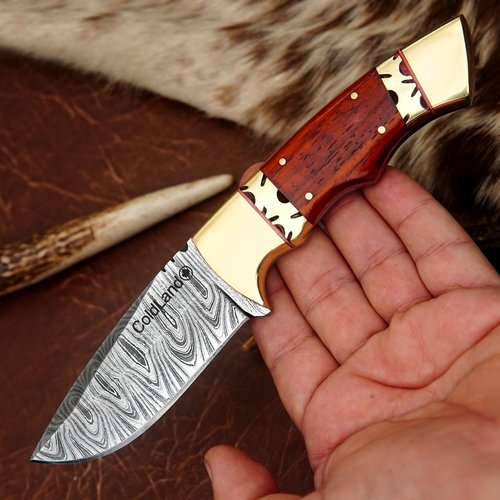 ColdLand Damascus Hunting Knife - 8.75 Inch Fixed Blade Knife with African Red Padauk Wood & Brass Bolster Handle - Full Tang Hunting Knives with Sheath for Picnic, EDC & Camping - NAK31