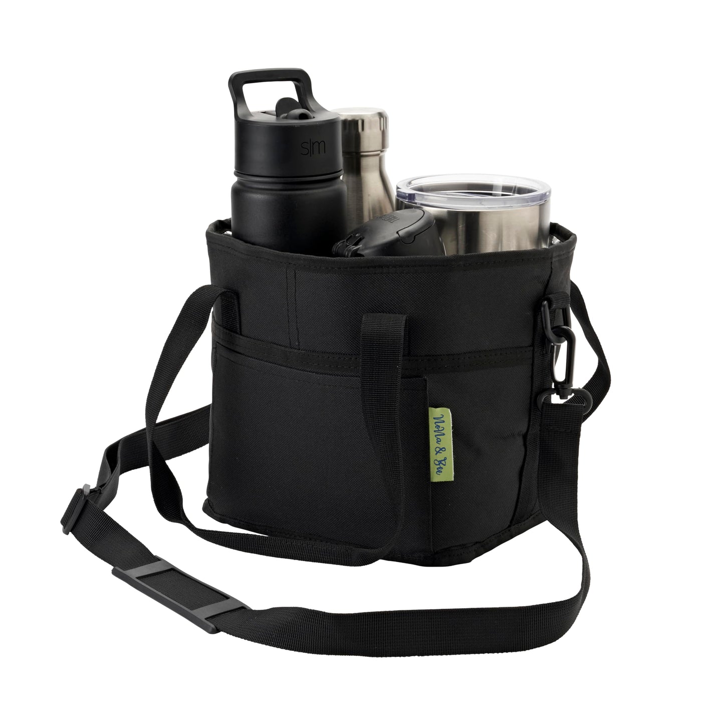 4 Water Bottle Holder with Strap | Family Size 4 Compartment Drink Bag, Multiple Tumbler Carrier Caddy | Adjustable Fits Large & Small Drinks | Hands Free, Won't Tip Over in Car (Black)