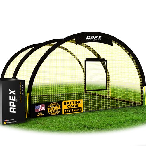 Apex Sports Portable 22ft x 12ft x 8ft Baseball & Softball Batting Cage with Pitching Machine Hole, 3ply 1.25'' Yellow Netting, Secure Steel Poles, 12.7MM Fibreglass Poles, Carry Bag Included