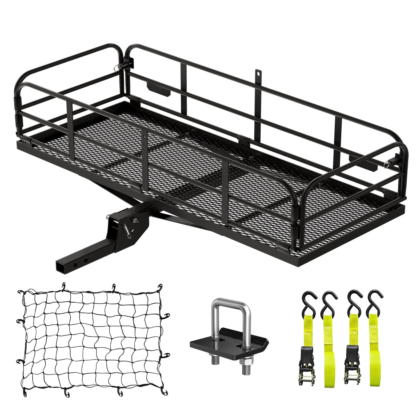 KAIRAY 500 Lbs Heavy Duty Hitch Mount Cargo Carrier 60"x24"x14.4" Folding Cargo Rack Rear Luggage Basket Fits 2" Receiver for Car SUV Camping Traveling with Hitch Stablizer Cargo Net Ratchet Straps