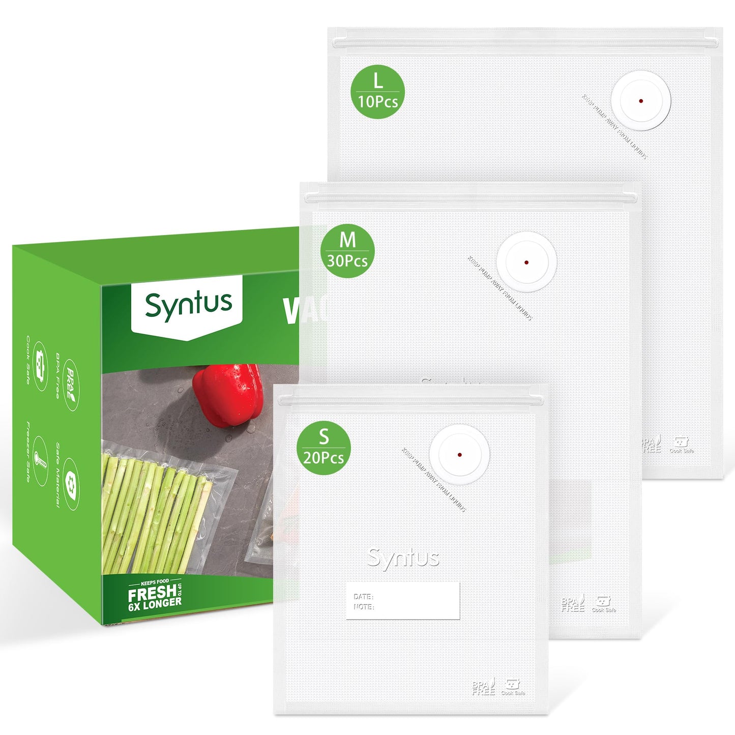 Syntus Vacuum Sealer Bags for Food, 60 Pcs (S+M+L) 8" x 10" and 10" x 13.8" and 11.8" x 13.8" Food Storage Bags for Sous Vide Cooking Microwave Heating, Air Valve Zipper Bags