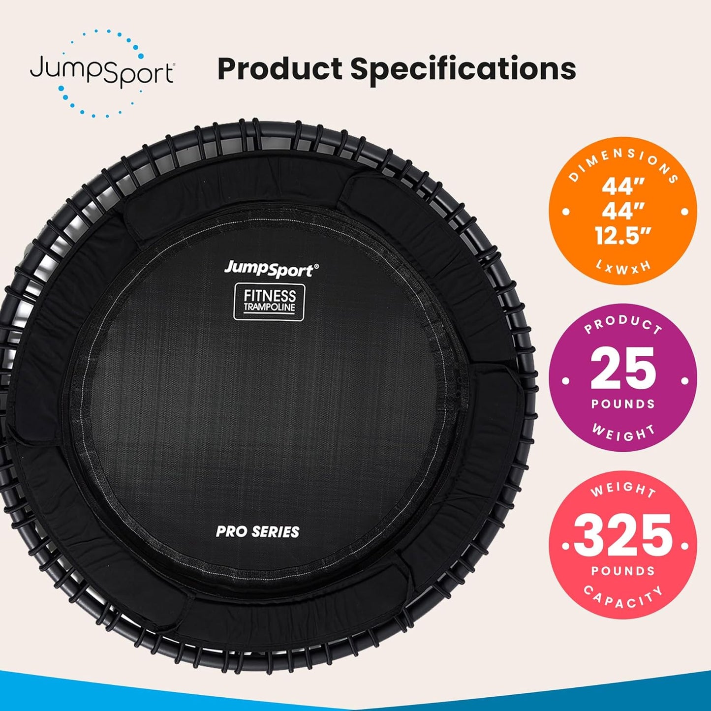 JumpSport Indoor Heavy Duty Lightweight 44 Inch Folding Fitness Trampoline with Arched Legs and 7 Adjustable Tension