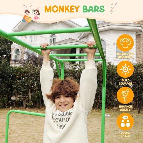 LeisureStar Outdoor Monkey Bar Set with Climbing Frame, Gymnastics bars, Playground Sets for Backyards, Metal Monkey Bars for Kids Age 3 and Up, Backyard Playground Set with Powder Coated Steel, Green