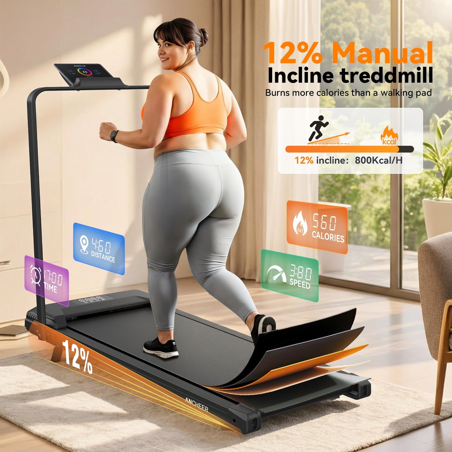 ANCHEER Treadmill with Handles, 3.0 HP Foldable Walking pad with 12% Incline, 320 lbs Capacity-Portable Under Desk Folding Treadmills for Home Small with Widened Belt/Remote Control (Classic Black3)
