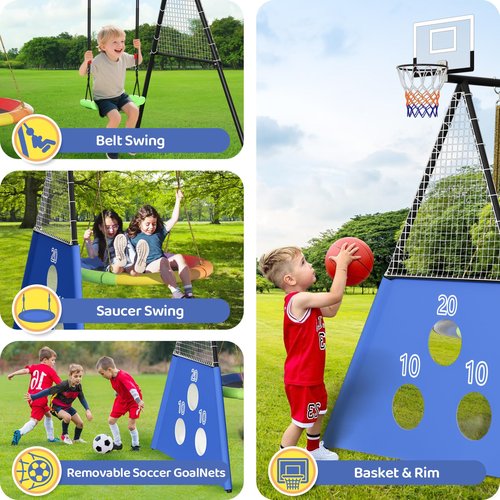 660 lbs Swing Sets for Backyard,4-in-1 Heavy Duty Outdoor Large Metal Swing Sets for Kids with 2 Swings,Trapeze Bar, Soccer Goals and Basketball