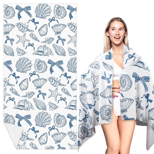 HunnmingRe Lager Coastal Ocean Starfish Conch Shell Beach Towel 70x35 in Blue Coquette Bow Pattern Microfiber Absorbent Quick Dry Adults Sand Blanket for Pool Party Bath Sport Travel Beach Swimming