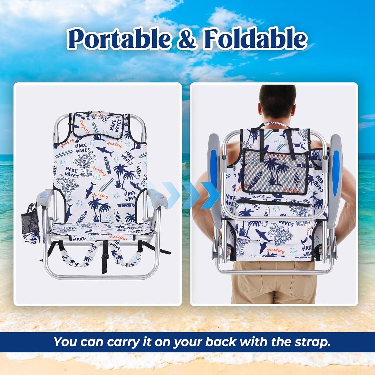 2 Pack Lightweight Portable Camping Beach Chair for Adults, Outdoor Lay Flat Folding Beach Chairs with 5 Positions, Backpack Beach Chair with Towel Bar, Zipper Pouch, Cup Holder, Ocean Striped