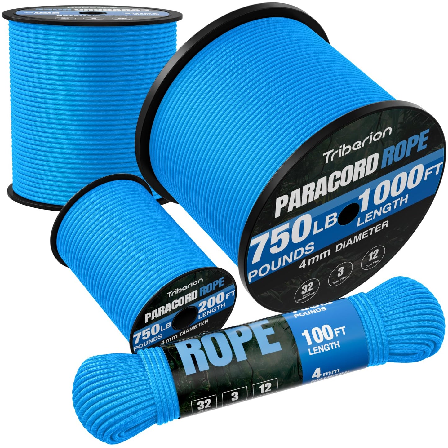 TRIBERION Paracord Rope 750 lb - 200ft 5/32" Parachute Cord 4MM 12-Strand para Cord - Heavy Duty Spool String for Survival,Camping Gear, Survival Bracelet, Clothesline - Blue