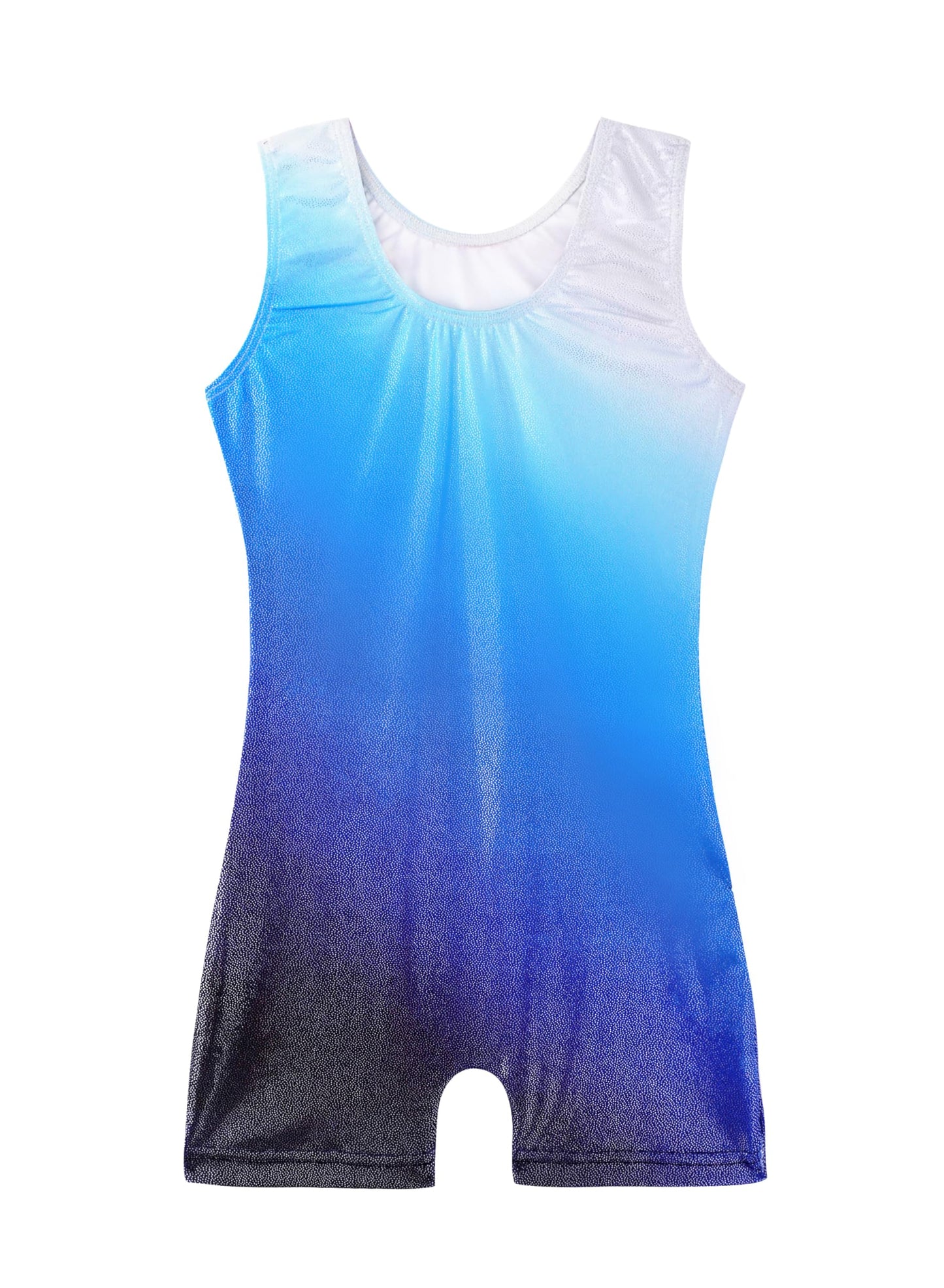 HOZIY Gymnastics Leotards for Girls with Shorts Size 8-9 Years Biketard Blue White Ombre Ribbons Diamond Rhinestones Sparkly