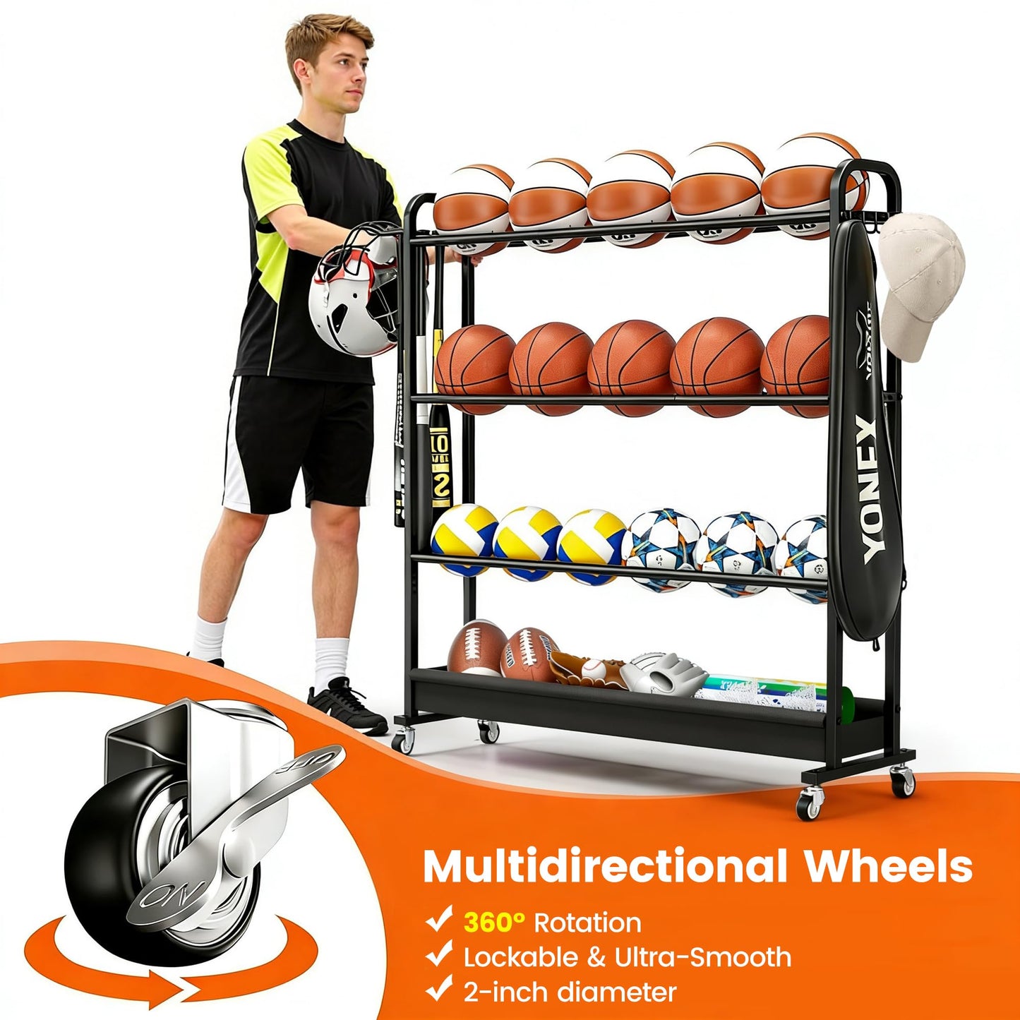 Josmimic Adjustable Basketball Rack with Wheels, 4-Tier Sports Ball Storage Cart for Basketball Football Volleyball Soccer & More, Holds up to 20 Balls