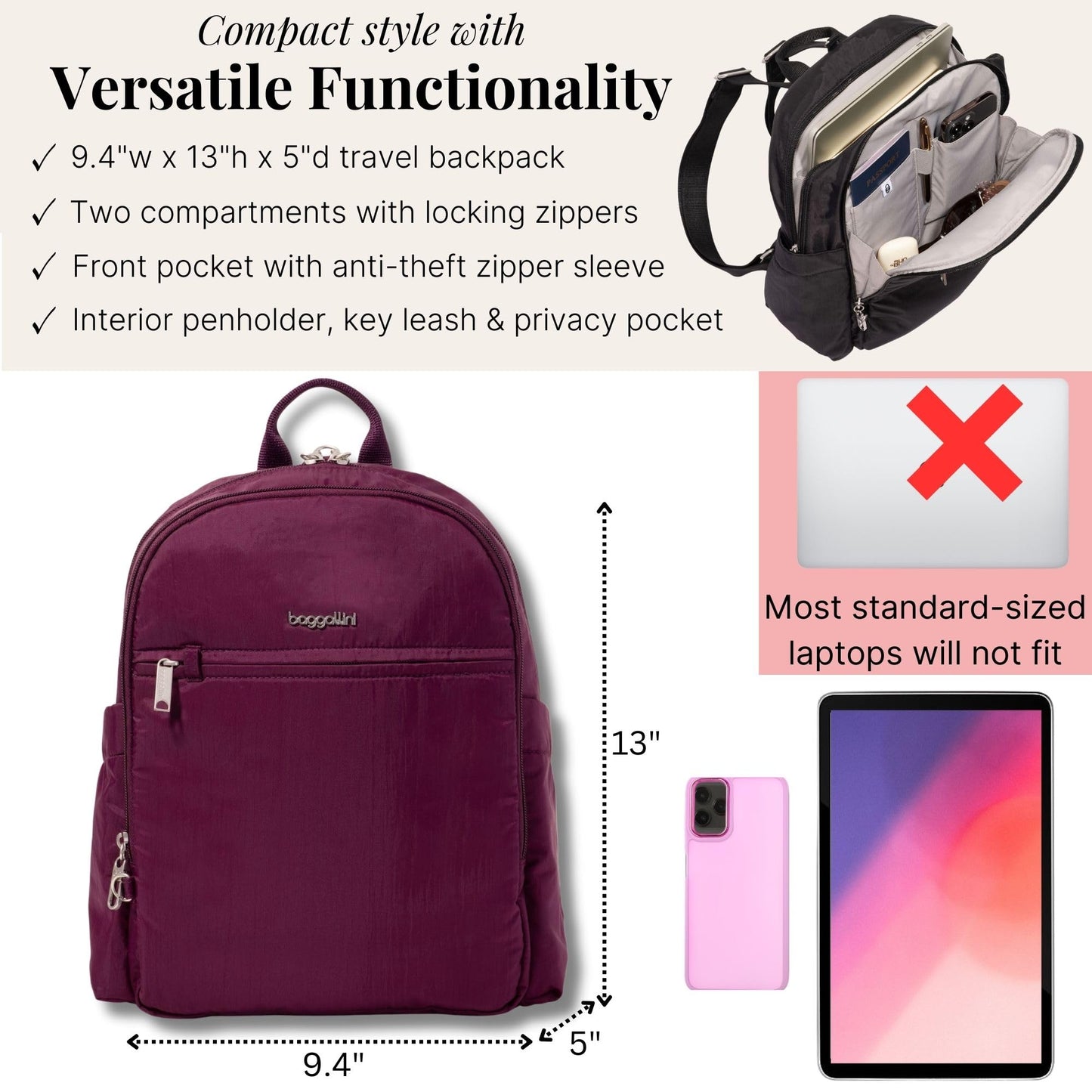 Securtex Anti-Theft Getaway Backpack - 9.4"x13"x5" Travel Safe Bag w/Locking Zippers, Slash-Resistant, RFID