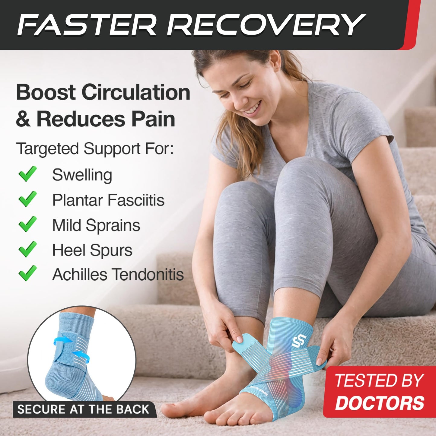 Sleeve Stars Ankle Brace for Women & Men, Ankle Wrap for Sprained Ankle, Compression Sleeve for Plantar Fasciitis Relief, Easy Customizable Support: w/Removable Strap (Single/S:9"-10"/Light Blue)