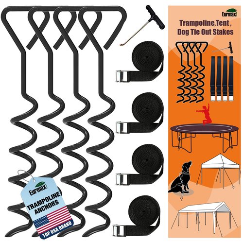 Eurmax USA Trampoline Stakes Heavy Duty Trampoline Parts Corkscrew Shape Steel Stakes Anchor Kit with T Hook for Trampolines -Set of 4 Bonus 4 Strong Belt,Black