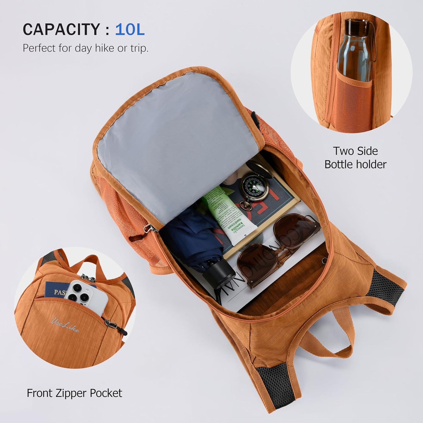 10L Small Hiking Backpack Travel Daypack Lightweight Packable Back Pack for Women Men(Black)