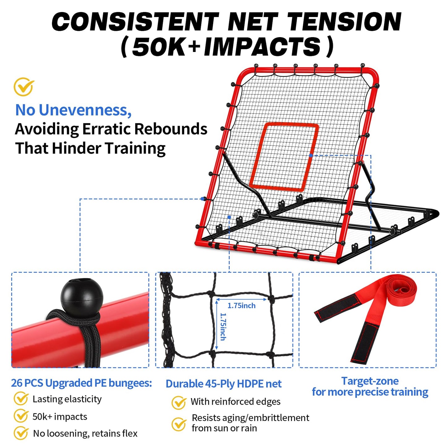 5-Angle Baseball Rebounder Net Bounce Back Net Solo Fielding Trainer 48x52 Inch, Multi-Sport Pitch Back for Ground, Line Drive, Fly Ball with Stable Frame, 45-PLY Net, Carry Bag