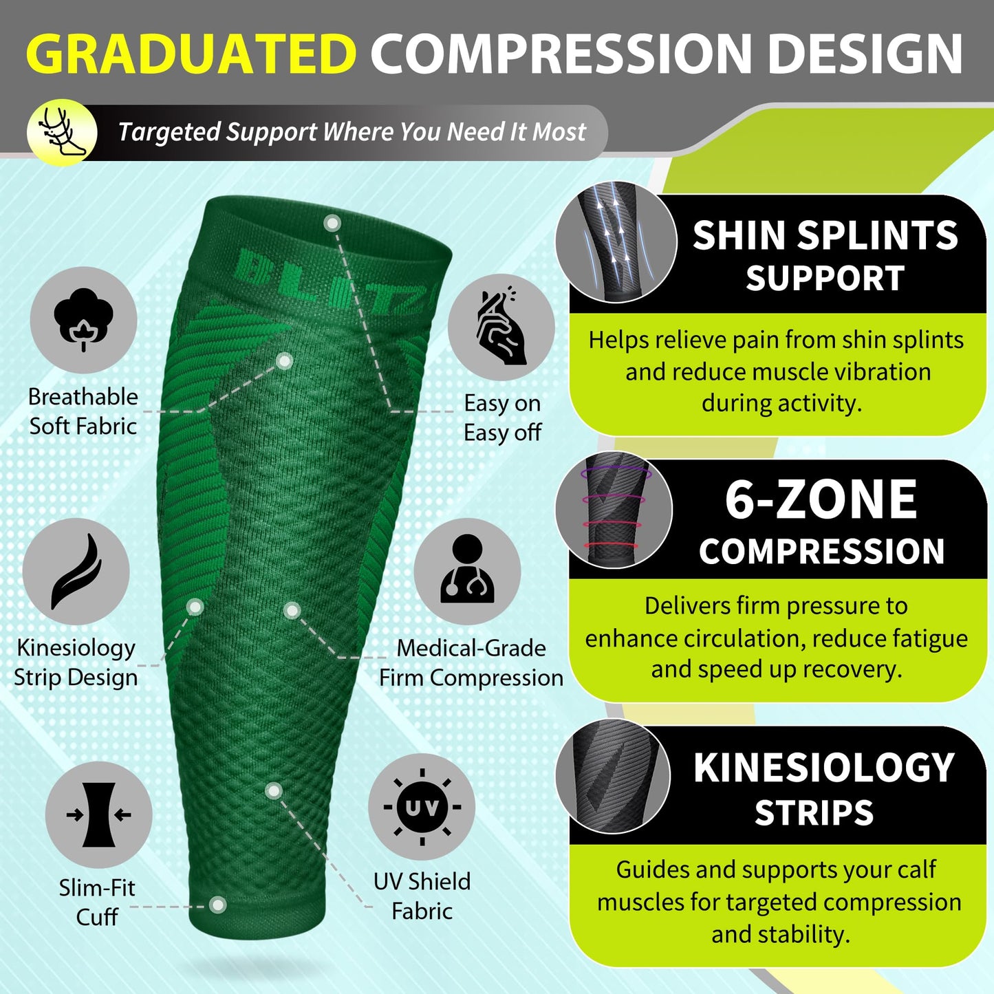 BLITZU Calf Compression Sleeves for Men and Women. Footless Compression Socks Support for Varicose Vein, Nursing, Running. Leg Sleeve Brace for Shin Splints, Pain Relief & Reduces Swelling Green S-M