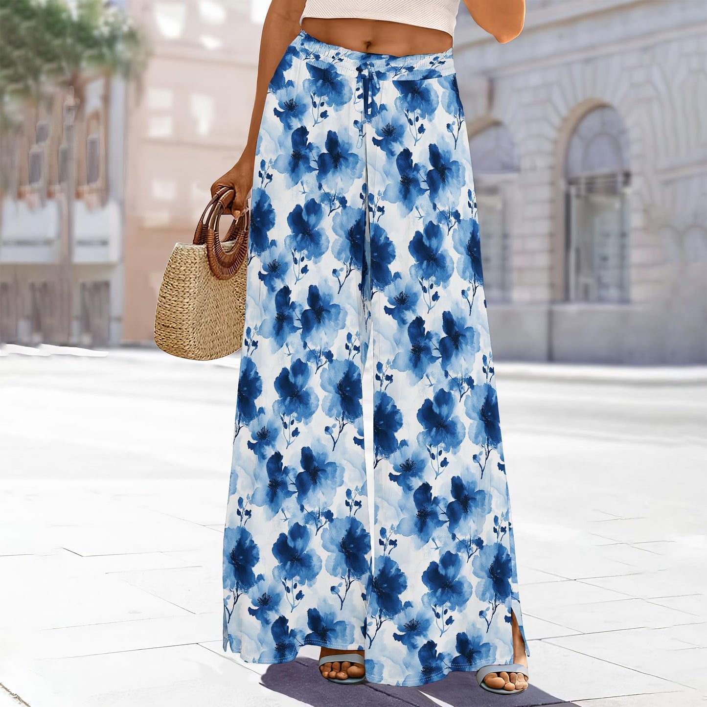 Costaric Stretch Baggy Pants Women Side Slit Drawstring Track Pants Fashion Lightweight Casual Athletic Summer Party Club Trousers with Pockets