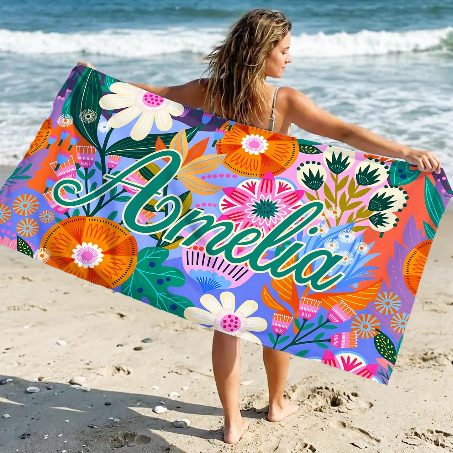 idooodle Personalized Bohemian Style Beach Towel with Name - Quick Dry Oversized Beach Towel, Travel Essential, Beach Party Birthday Gift for Girls Women & Friends