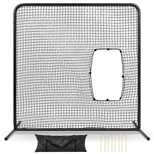 RoundFunny Baseball Pitching Net Screen 7ft x 7ft Softball Batting Machine Protective Screens with Steel Frame Carry Bag Cut-Out Through Net for Baseball Practice Training Equipment