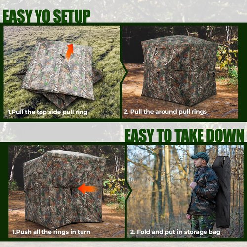 HUNTSEN Hunting Blind 360 Degree See Through Ground Blind 2-3 Person - Portable Pop Up Deer Blind with Full Open Door - Camouflage Ground Blind for Deer & Turkey Hunting