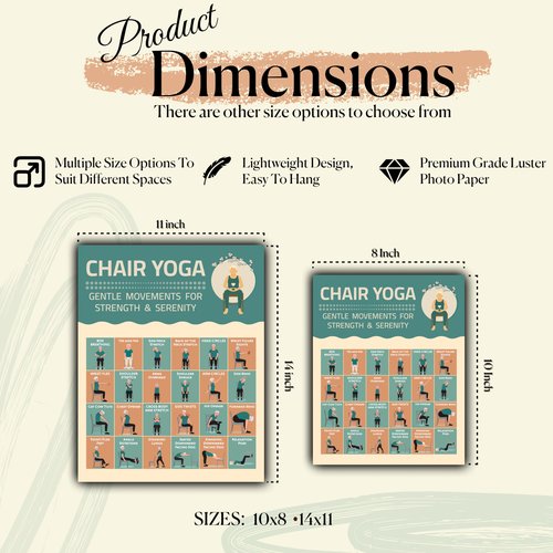 Chair Yoga Exercise Poster - Illustrated Stretching Poses Chart, Workouts, Instructions, Mobility Practice, Inspirational Routine, Wall Art for Seniors, Home Gym Picture, Meditation Decor, Flexibility