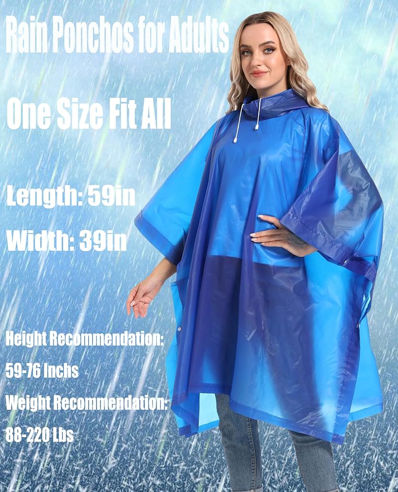 HOOMBOOM 2-Pack Reusable Rain Ponchos for Adults Blue, Lightweight EVA Emergency Rainwear
