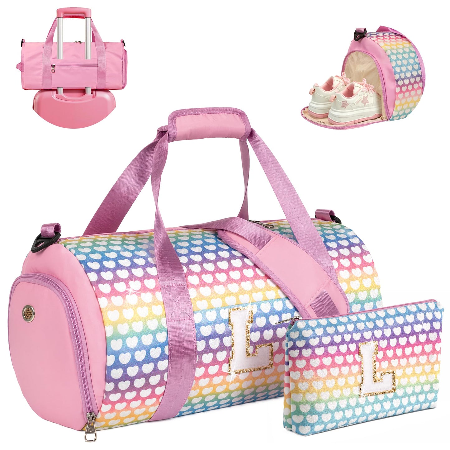 Vogewood Teenager Girl Gift Ideas-Girls Travel Duffle Bag with Makeup Pouch, Initial Kids Overnight Weekend Bag with Shoe Compartment, Preppy Customized Stuff (Letter L)