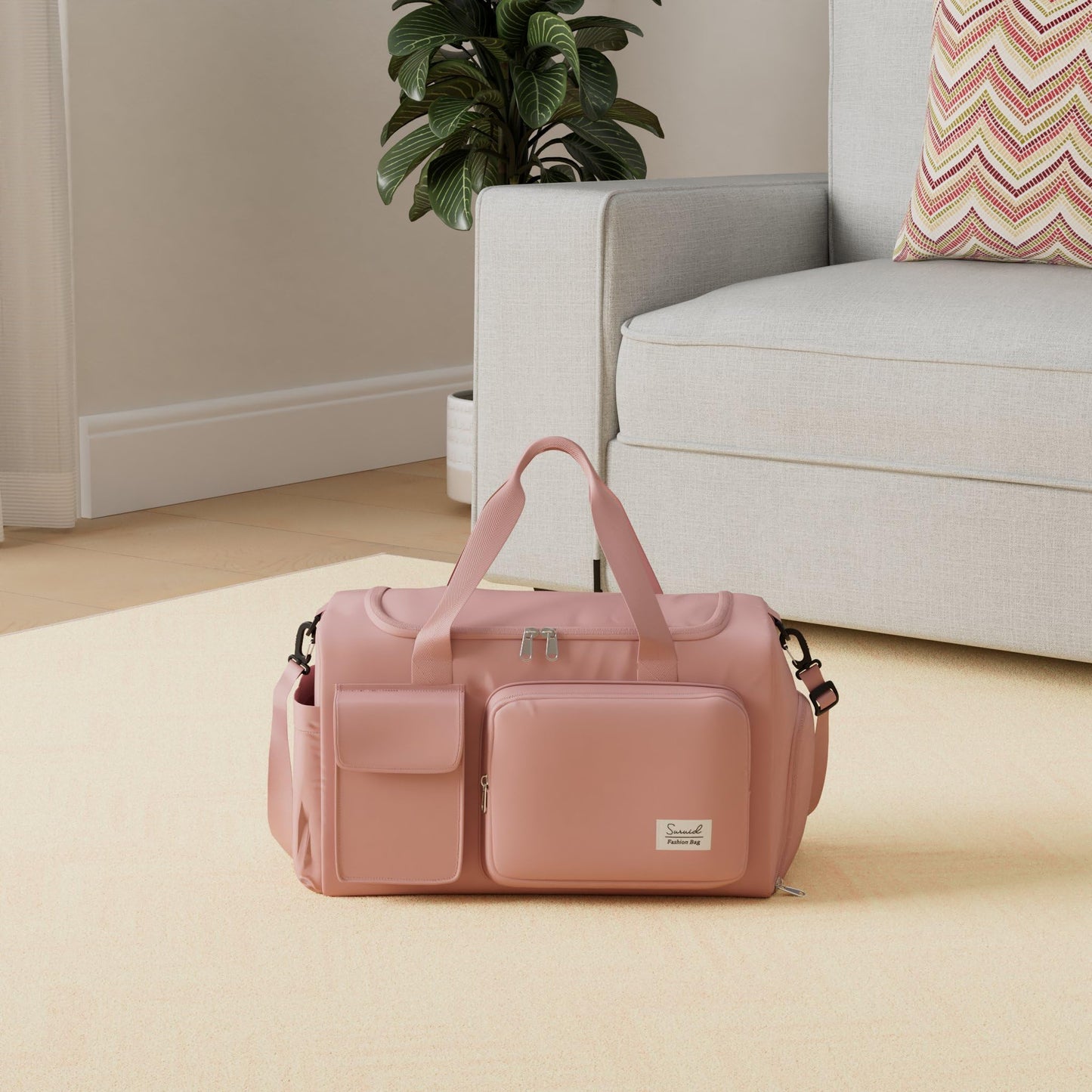 Suruid Sports Gym Duffel Bag with Shoes Compartment and Dry Wet Separated Pocket for Men and Women - Overnight Weekender Training Handbag Yoga Bag - Pink